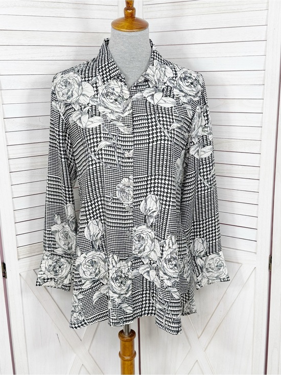 Multiples Tops - Multiples Floral Houndstooth Oversized Button Back Tunic Shirt Black White Small